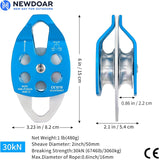 NewDoar 30 KN CE Certified Large Rescue Pulley Double Sheave with Swing Plate-Blue 1pc